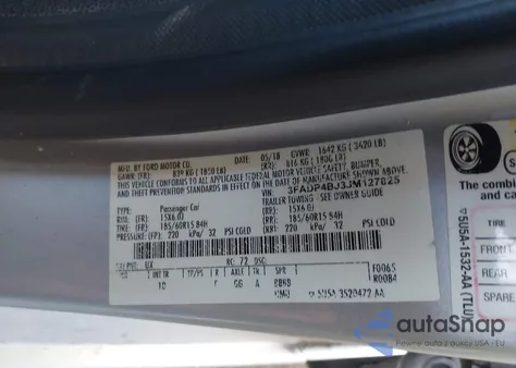 2018 Ford Fiesta Se z USA, uszkodzony, nr VIN 3FADP4BJ3JM127825